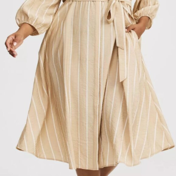 Torrid Collared Tie-Front Shirt Dress - Beig & White Stripe - Picture 3 of 6